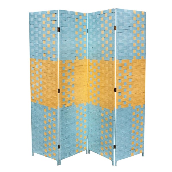 ORE International Beach Blue/Natural Paper Straw Weave 4 - -Panel Screen On 2 in. H Legs, Handcrafted Room Divider