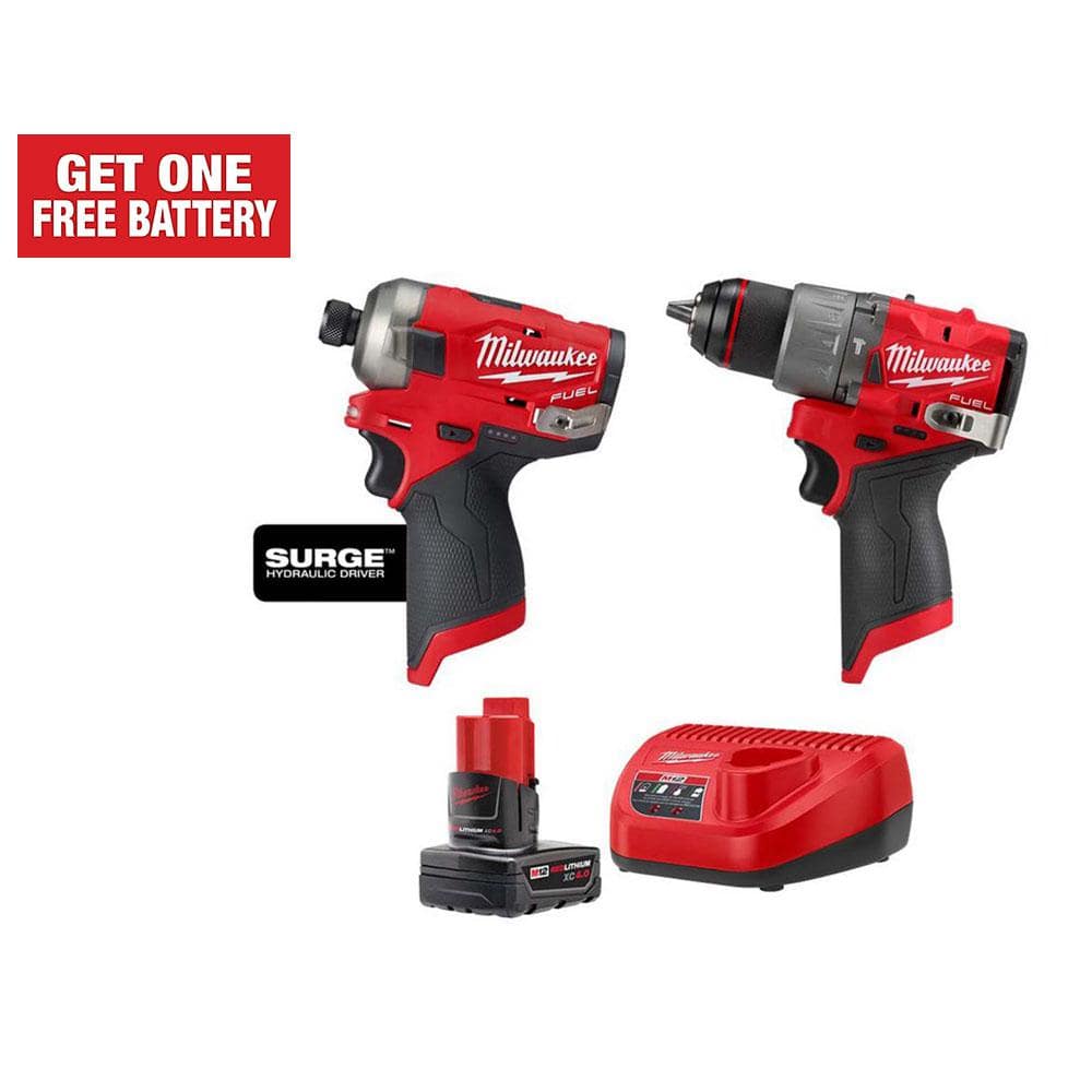 Milwaukee M12 FUEL 12-Volt Lithium-Ion Brushless Cordless SURGE 1/4 in. Impact Driver & M12 FUEL Hammer Drill w/Battery & Charger -  2440-2551-3404
