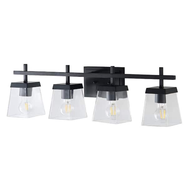 30.51 in. 4-Light Matte Black Bathroom Vanity Light Over Mirror with Clear Glass Shades