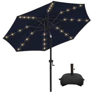 11 ft. Aluminum Solar Led Market Umbrella Outdoor Patio Umbrella with Base 32 LED Lights in Navy Blue