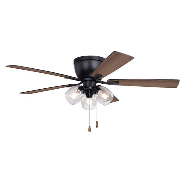VAXCEL Brayton 52 in. Indoor Black Transitional 3-Light Flush Mount Ceiling Fan with Light Kit, Pull Chain, Reversible Blades