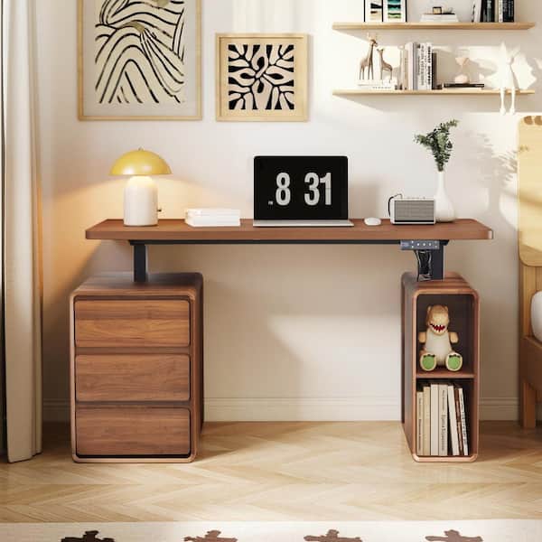 ATHMILE 43.3 in.H Electric Rectangle Walnut MDF Stand Desk with