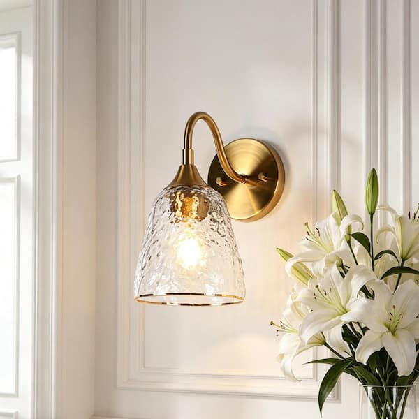 Aurabe Modern Plated Brass Damp-rated Bell Bedroom Wall Sconce 1-Light Bathroom Vanity Light with Rippled Glass Shade