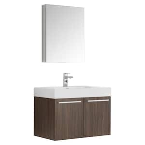 Vista 30 in. Vanity in Walnut with Acrylic Vanity Top in White with White Basin and Mirrored Medicine Cabinet