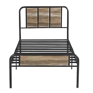 Industrial Bed Frame, Gray Metal Frame Twin Platform Bed with Wooden Headboard, No Box Spring Needed, 39.45 in. W