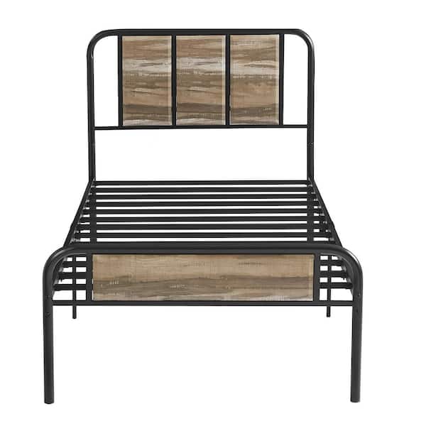 VECELO Industrial Bed Frame, Gray Metal Frame Twin Platform Bed with Wooden Headboard, No Box Spring Needed, 39.45 in. W