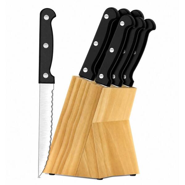 7-Piece High Carbon Stainless Steel Steak Knife Set with Serrated Blades and Storage Block, Black
