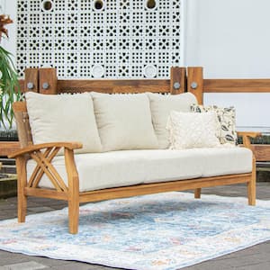 Cambridge Casual Carmel Teak Wood Outdoor Couch 3-Seat Sofa Daybed with Tan Cushion