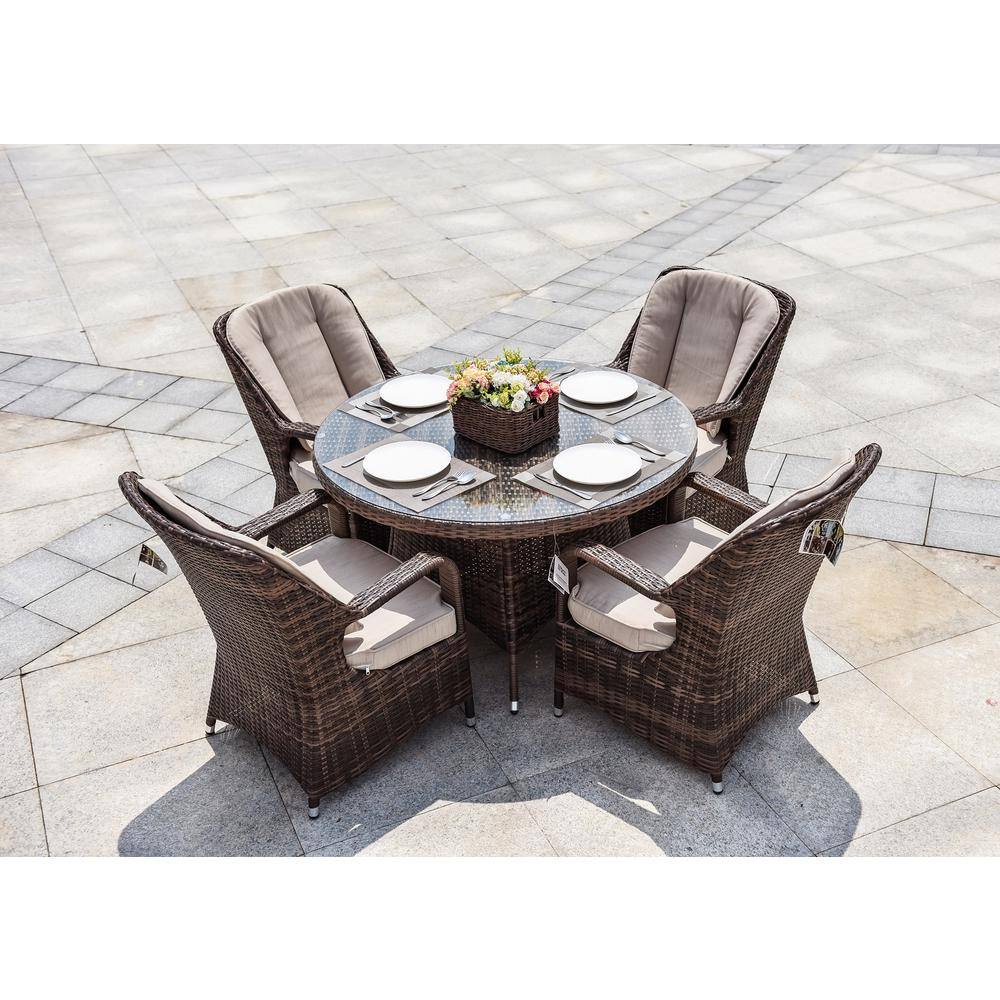 Brown Wicker 5-Piece Round Outdoor Dining Set with Beige Cushions