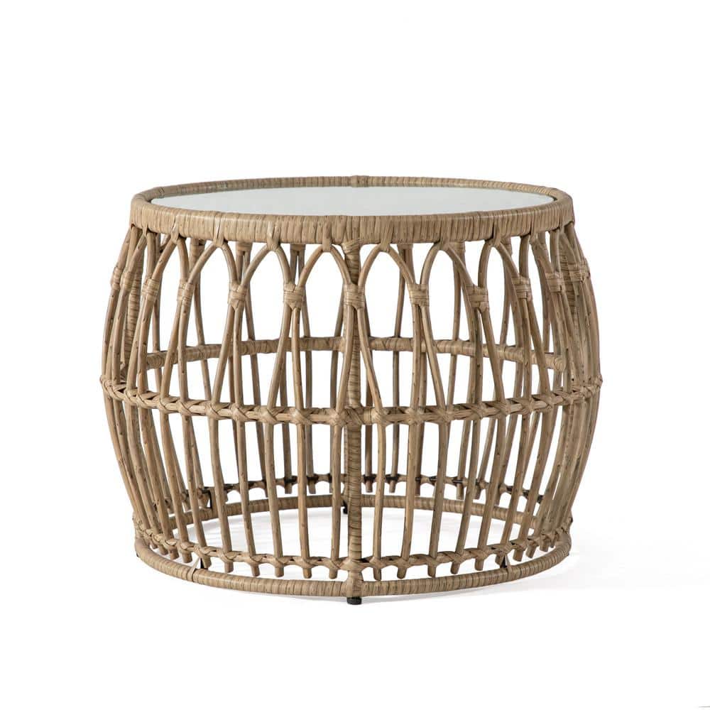 Natural Boho Rattan Round Coffee Table with Glass Top
