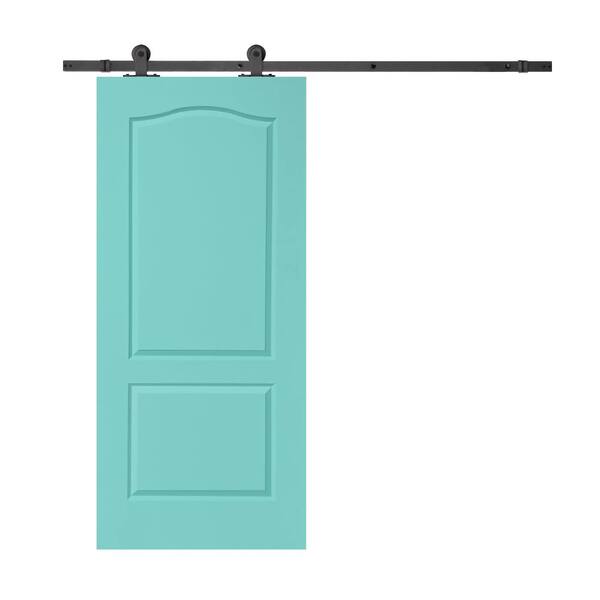 CALHOME 30 in. x 80 in. Mint Green Stained Composite MDF 2-Panel Arch Top Interior Sliding Barn Door with Hardware Kit