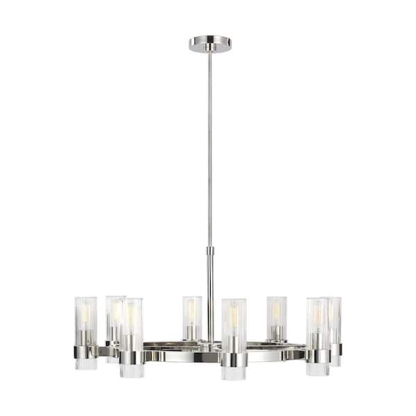 Generation Lighting Geneva 33 in. W x 14.875 in. H 8-Light Polished Nickel Mid-Century Indoor Dimmable Chandelier with Clear Glass Shades