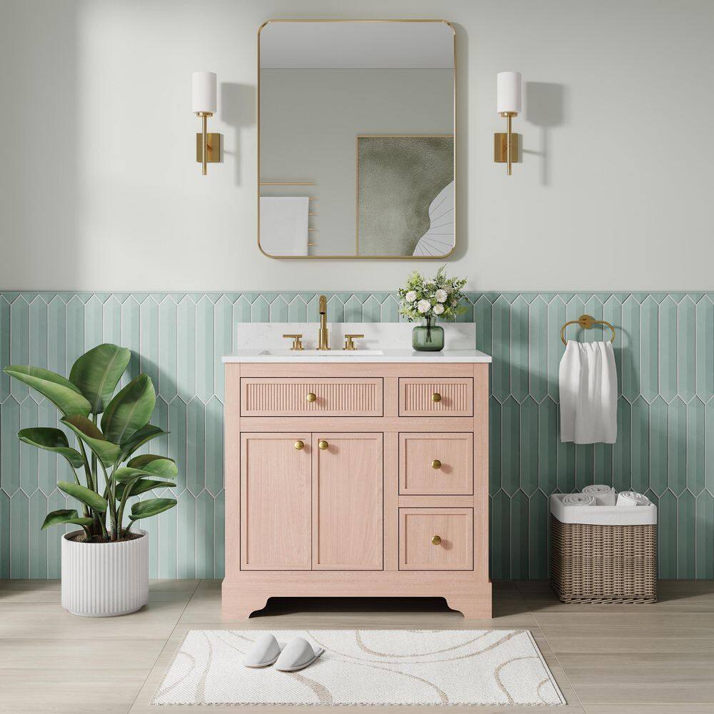 36 in. W Solid Wood Bath Vanity in Oak with White Quartz Top Single Sink, Assembled, Soft-Close Door and Drawer price history on PriceWatchPro