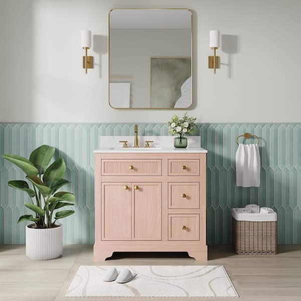 36 in. W Solid Wood Bath Vanity in Oak with White Quartz Top Single Sink, Assembled, Soft-Close Door and Drawer