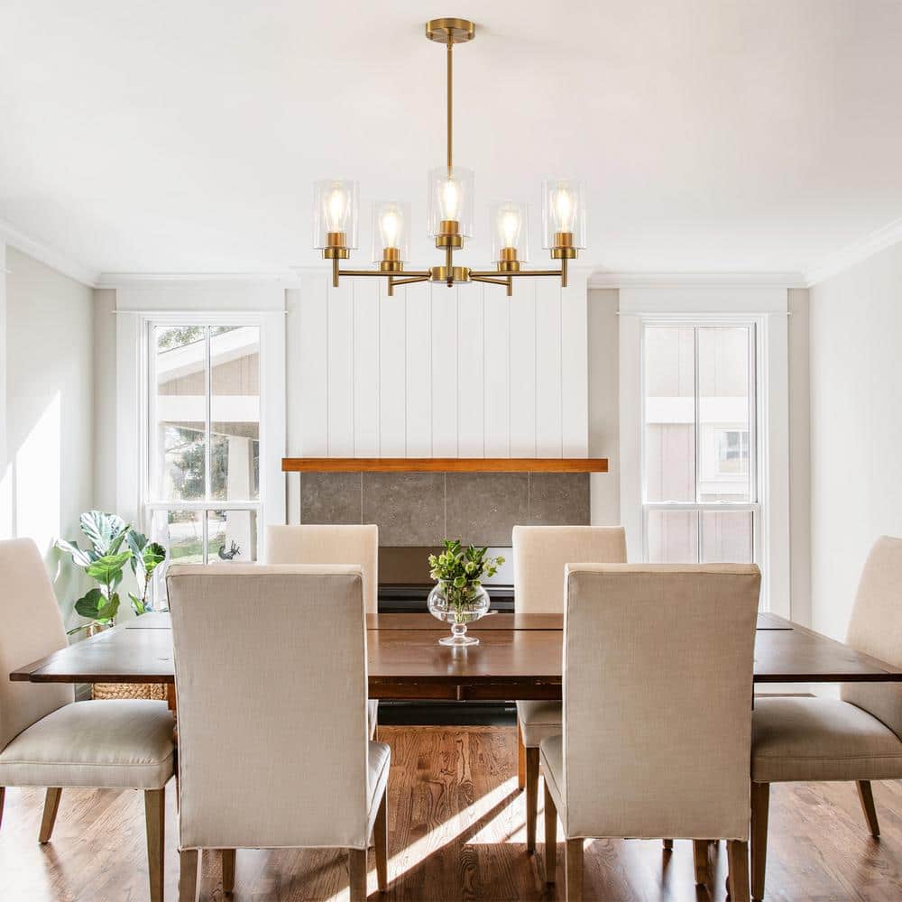 Gold and Clear Glass 5-Light Kitchen Island Chandelier