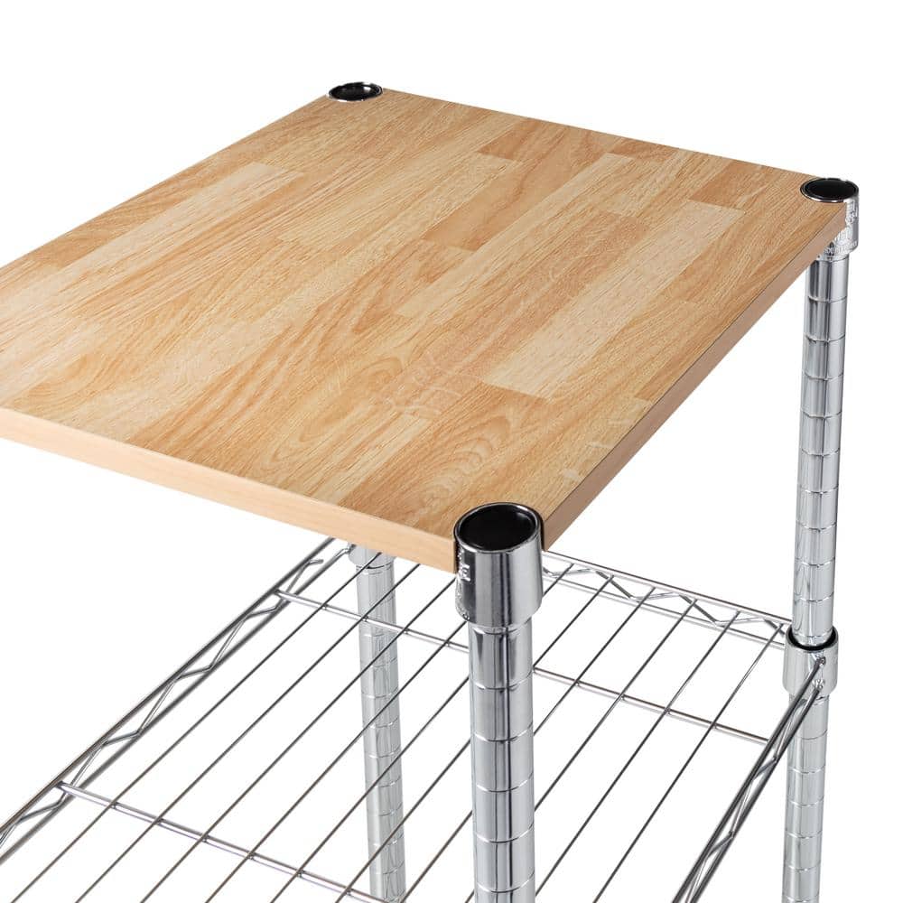 Contemporary Chrome & Wood 3-Tier Adjustable Shelving Unit