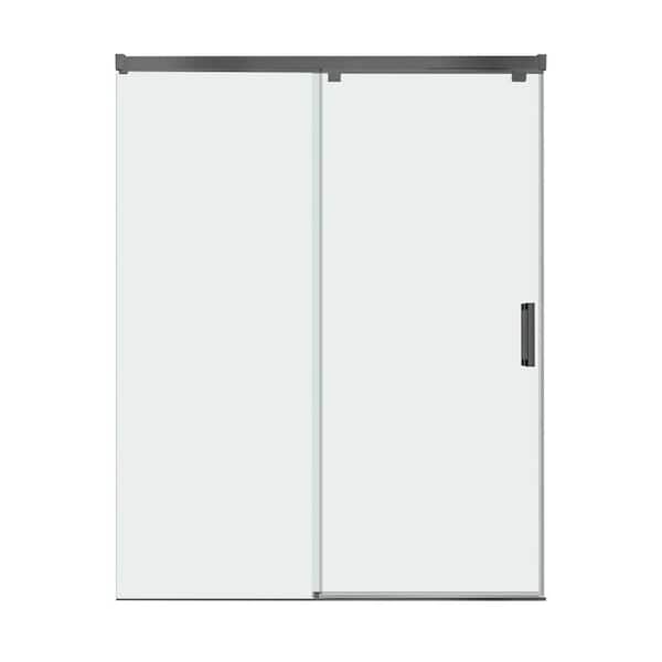 WELLFOR 60 in. W x 76 in. H Sliding Semi Frameless Shower Door in Matte Black with 5/16 in. Glass Aluminum Guide Rail