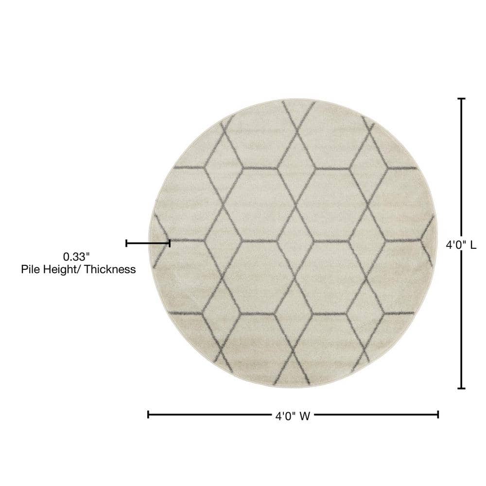 Ivory and Gray Round Trellis Synthetic Area Rug