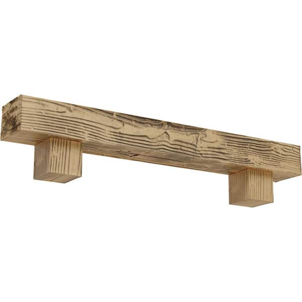 Ekena Millwork 8 in. x 10 in. x 7 ft. Sandblasted Faux Wood Beam Fireplace Mantel Kit, Alamo Corbels, Natural Pine