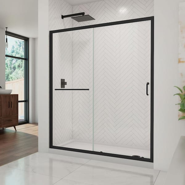 DreamLine Infinity-Z 60 in. W x 74.75 in. H Sliding Semi Frameless Shower Door in Satin Black with Clear Glass Right Drain Base