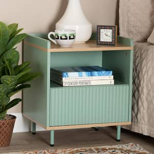 Tavita 1-Drawer Oak Brown and Mint Green Nightstand (22 in. H x 18.9 in. W x 15.7 in. D)