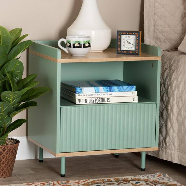 Baxton Studio Tavita 1-Drawer Oak Brown and Mint Green Nightstand (22 in. H x 18.9 in. W x 15.7 in. D)