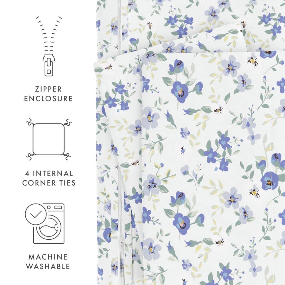 Light Blue Floral Microfiber King/California King Duvet Cover Set