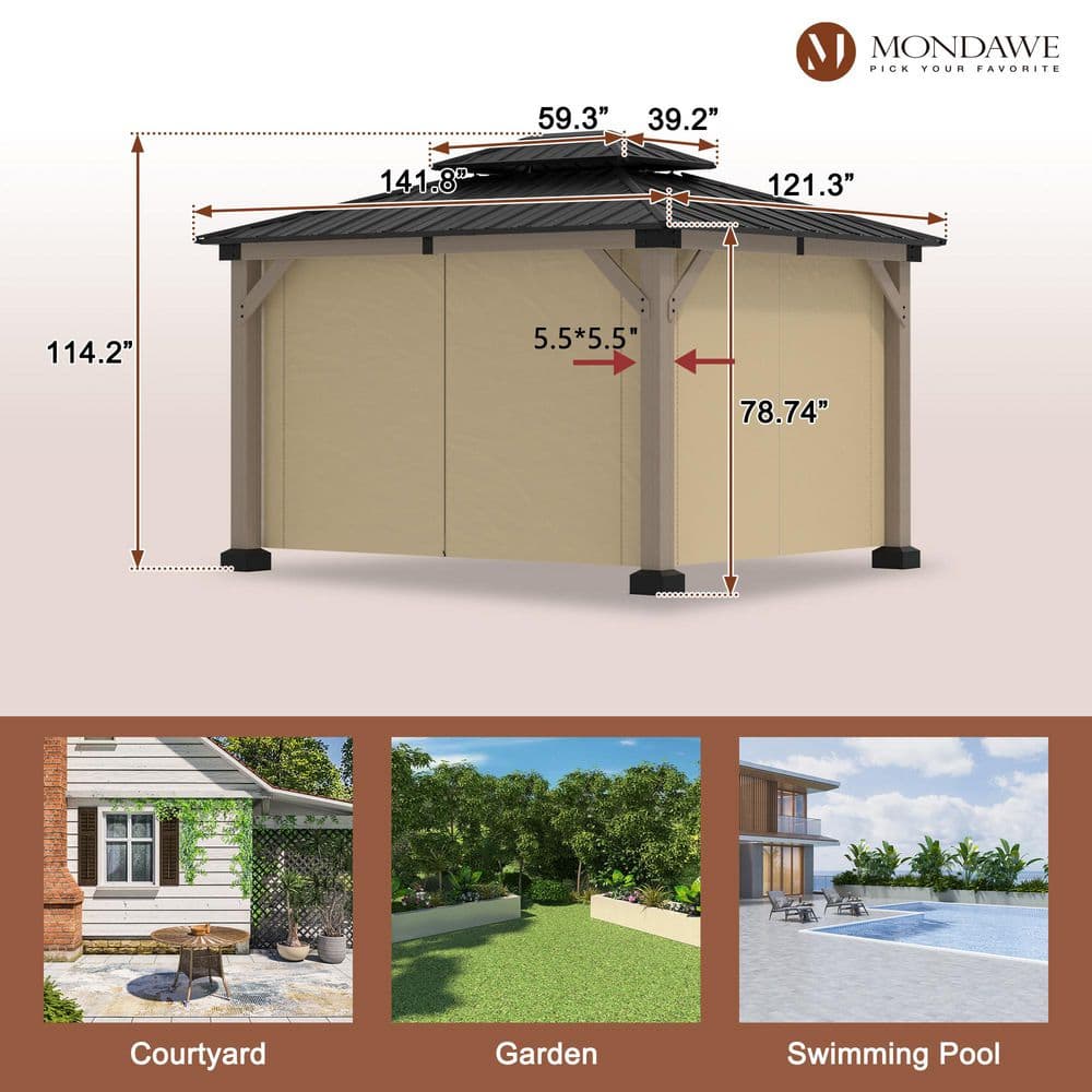 10 ft x 12 ft Fir Wood Frame Patio Gazebo with Steel Hardtop Roof