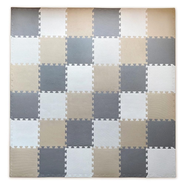 Angel Sar 36 Pcs 12 in. Squares Soft Non-Toxic Foam Play Mat for Gym Nursery Playroom (Cream Gray Beige)