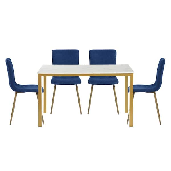 Homy Casa Brandt Scargill Blue 5 Pieces Rectangle Faux Marble Dining Table Chair Set With 4 Upholstered Dining Chair