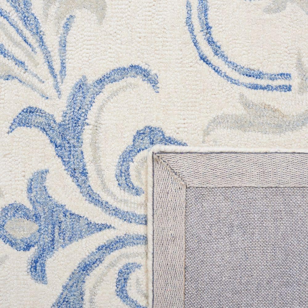 Ivory and Blue Floral Handmade Wool Area Rug, 4' x 6'