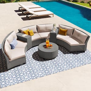 Gray 9-Pieces Fan Shaped Patio Rattan Outdoor Conversation Sets with Beige Cushions and Table
