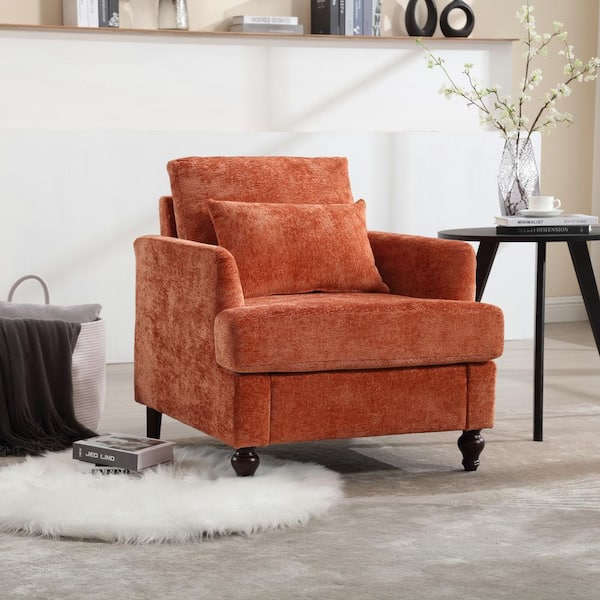 Dark Orange Chenille Wood Frame Armchair with Studded for Living Room