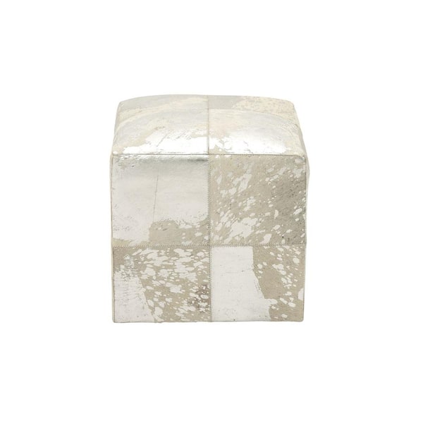 Litton Lane 17 in. White Handmade Leather Stool with Silver Foil Paint