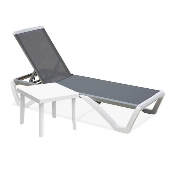 Sudzendf Metal Outdoor Patio Chaise Lounge with Adjustable Backrest in Gray (1 Lounge Chair Plus 1 Plastic Table) (Set of 2)