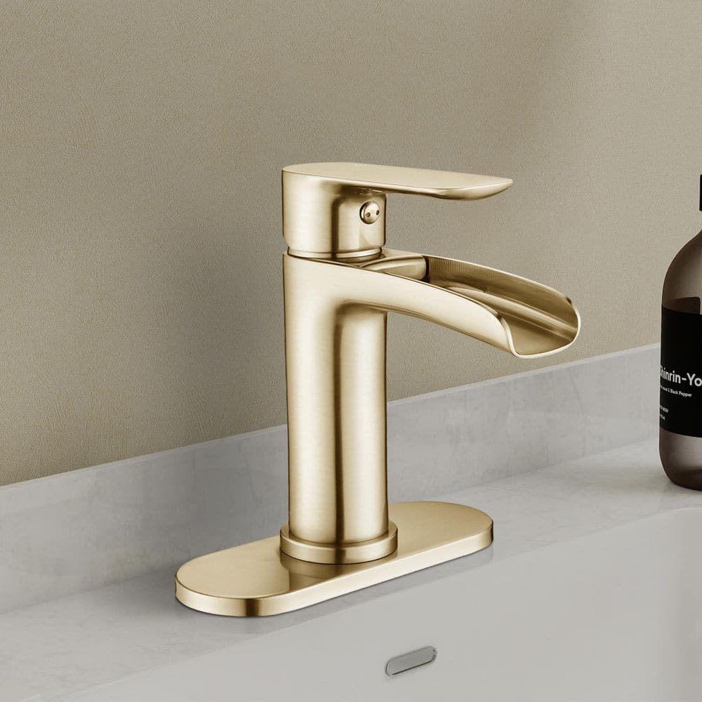6.5 in. H Single Handle Single Hole Waterfall Bathroom Faucet with Deckplate and Pop Up Drain in Brushed Gold price history on PriceWatchPro