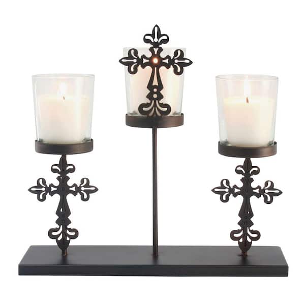 Stonebriar Collection 8.5 in. Metal Cross Votive Candle Holder in Brown