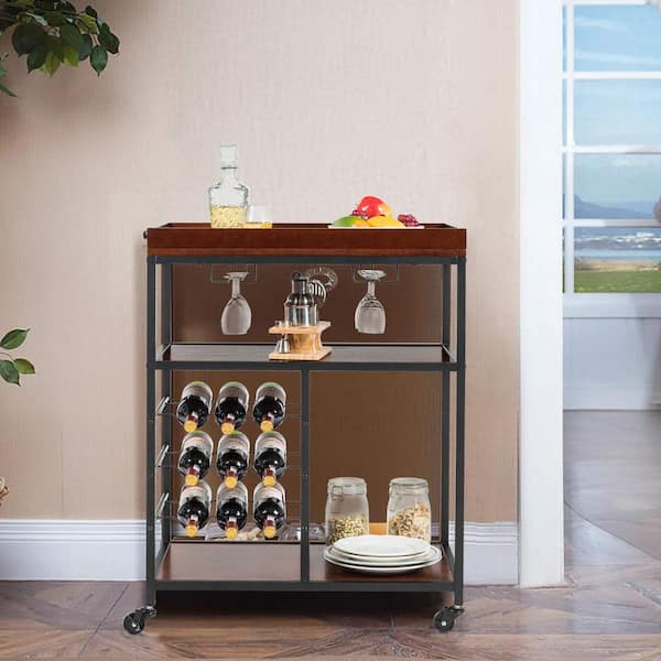 Bunpeony 3-Tier Brown Rolling Kitchen Cart with Wine Rack
