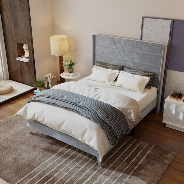 FUFU&GAGA Gray Wood Frame Queen Size Platform Bed with High Upholstered Headboard, Silent Slats and Modern Polyester Fabric