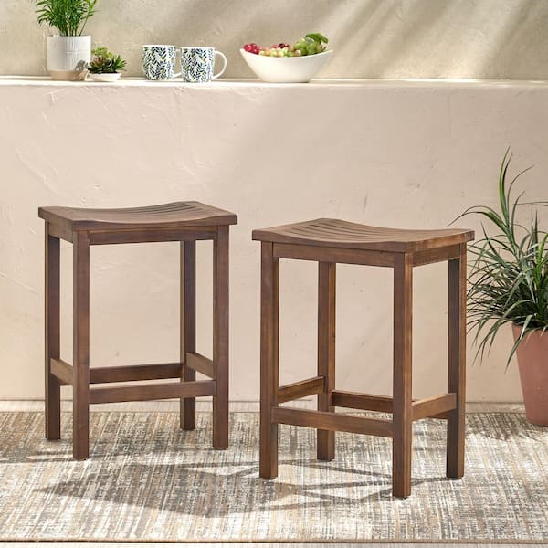 Noble House Easton 24 in. Brown Slatted Outdoor Patio Counter Stool (Set of 2)