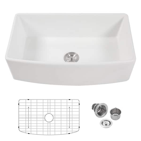 Logmey 33 in. L x 19 in. W Rectangular Farmhouse/Apron Front Single Bowl White Ceramic Kitchen Sink with Grid and Strainer