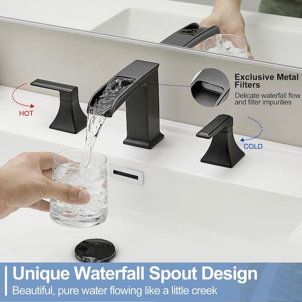 8 in. Widespread 2-Handle Waterfall Spout Bathroom Sink Faucet with Pop-Up Drain and Supply Lines in Matte Black