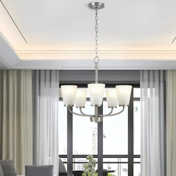 Hampton Bay Helena 21 in 5-Light Brushed Nickel Hanging Chandelier with Frosted Glass Shades for Dining Room