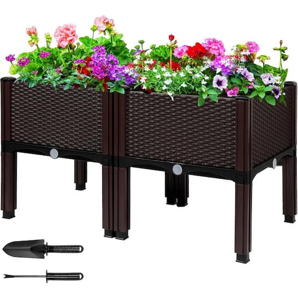 Oyezvary Raised Garden Bed with Drainage 15.7 in. L x 15.7 in. W x 16.5 in. H Brown Plastic Elevated Planter Box for Flowers