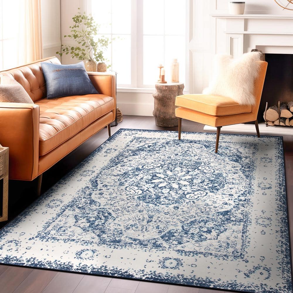 Bohemian Blue Distressed Medallion 8' x 10' Synthetic Area Rug