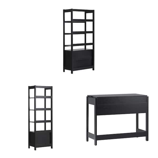 Modern 70 in. Black Wood 4-Shelf Bookcase with Reeded Drawer and Open Back (2-Count) and 38 in. Desk Combo