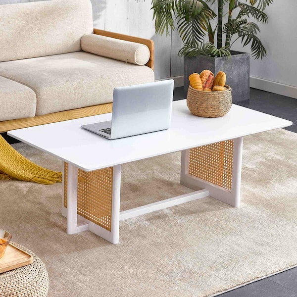 47.24 in. White Rectangle Wood Coffee Table with Rattan Design