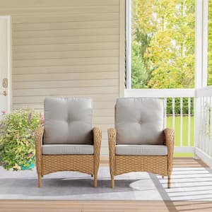 PlainCurve Metal and Yellow Wicker Outdoor Lounge Chair with Olefin Beige Cushions (2-Pack)