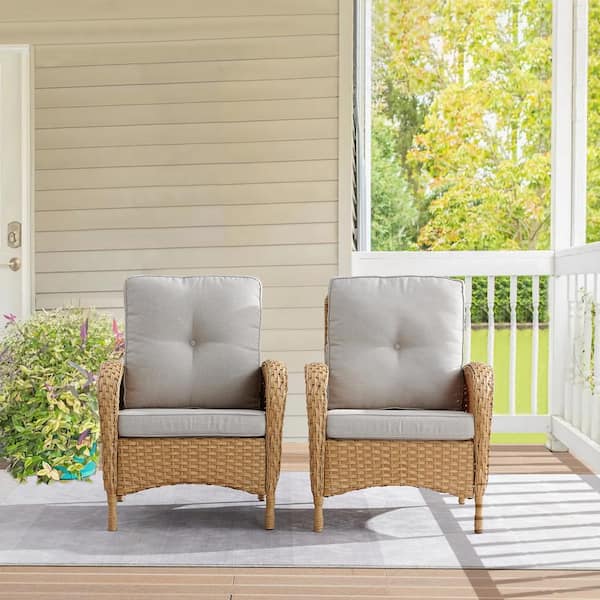 Opohoro PlainCurve Metal and Yellow Wicker Outdoor Lounge Chair with Olefin Beige Cushions (2-Pack)