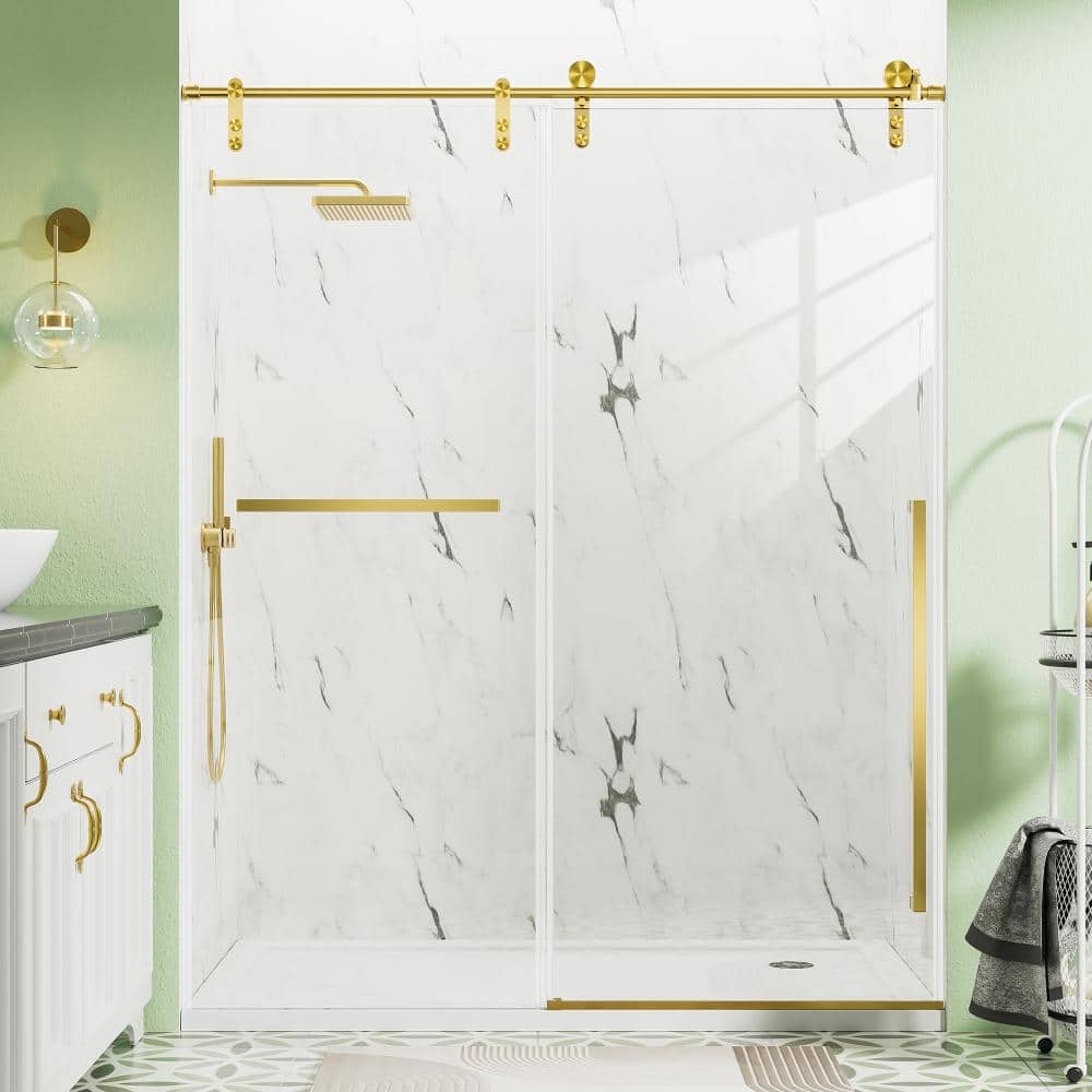"56""-60"" W x 75"" H Brushed Gold Frameless Sliding Shower Screen, 5/16"" (8mm) Clear Explosion-Proof Glass" price history on PriceWatchPro